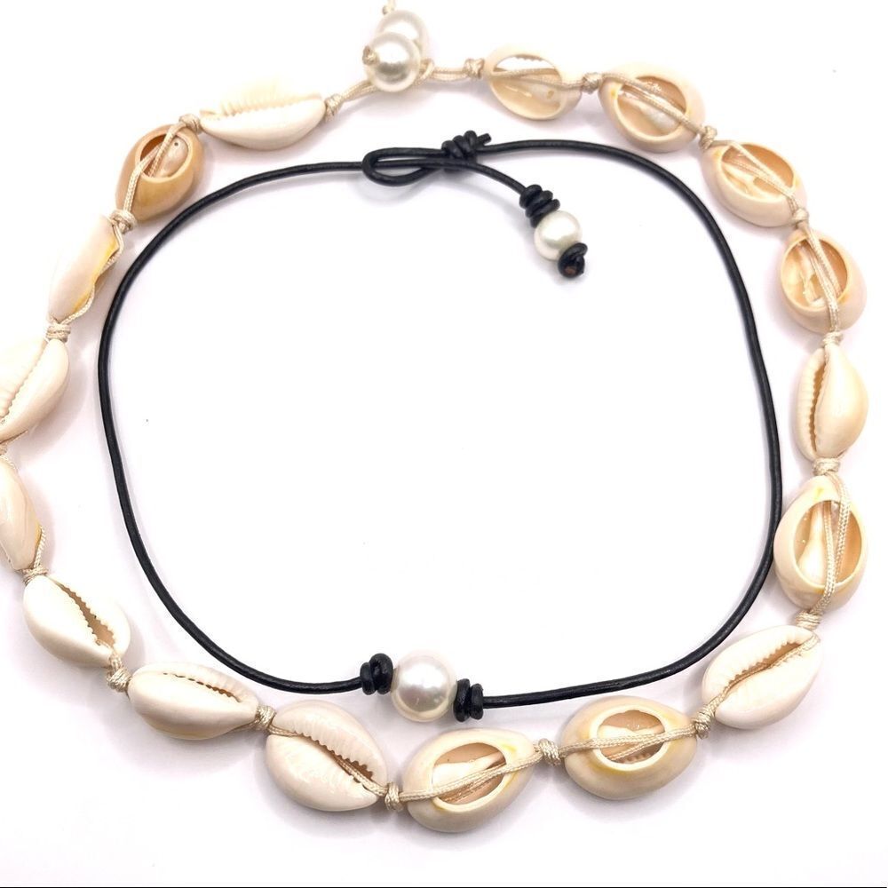 Layered Natural Cowrie Shell and Black Cord Faux Pearl Necklace Set
